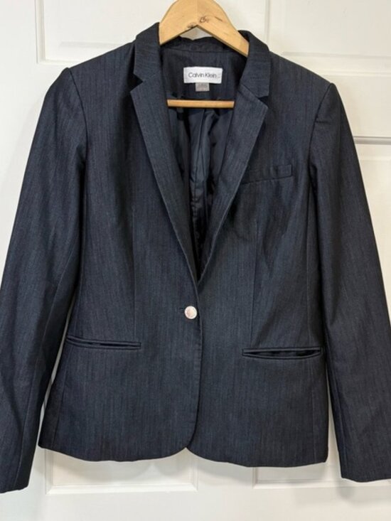 Calvin Klein Womens Navy Blue Blazer Suit Jacket 1 Button Subtle Pin Stripe 6 - Picture 1 of 14